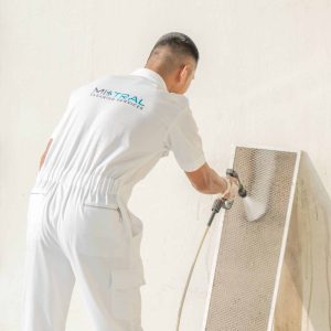 Technician cleaning an AC filter with a pressure washer