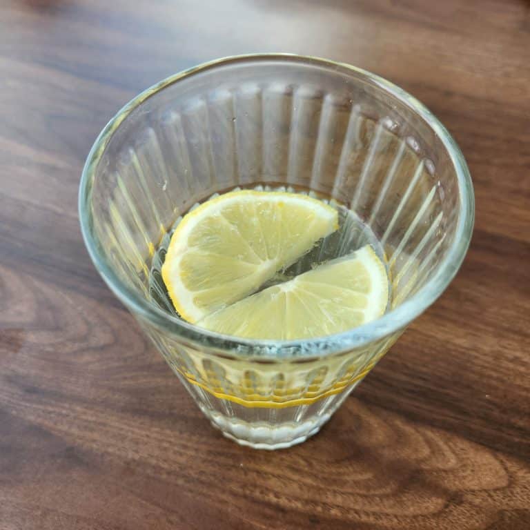 Glass of tap water with lemon slice on table