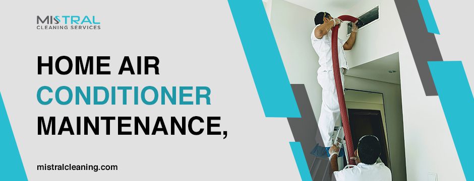 Banner about home air conditioning maintenance showing technicians performing AC Duct Cleaning