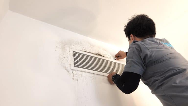 Technician treating mold from AC