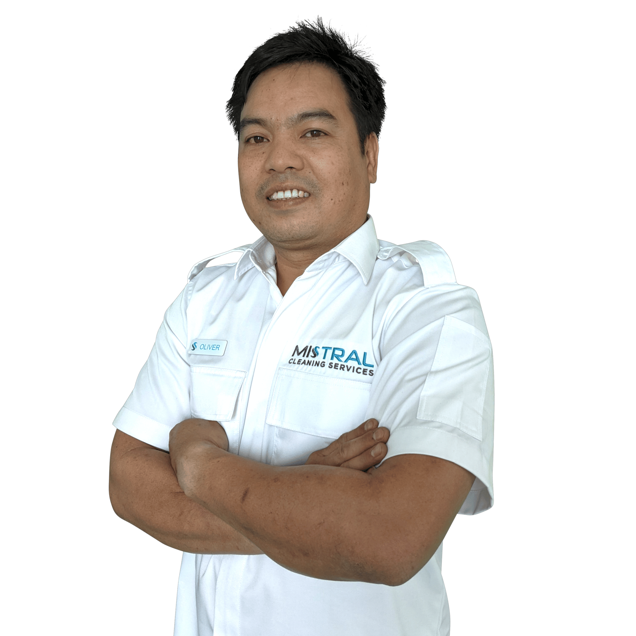 Air conditioning technician from Mistral Cleaning Services crossing arms